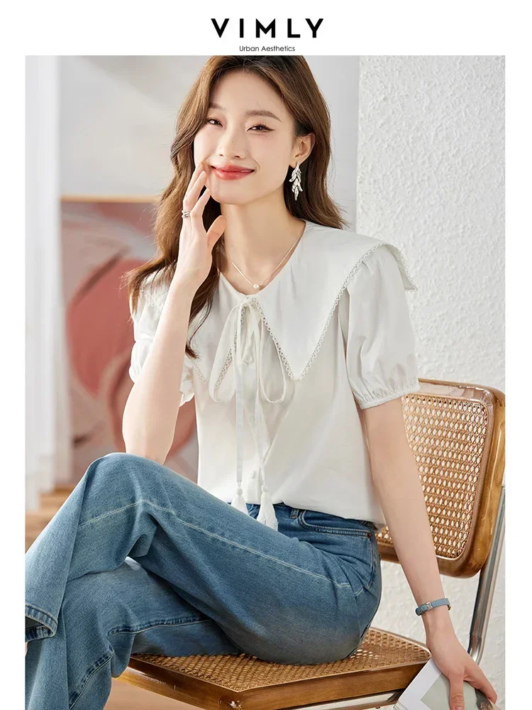 

Vimly Summer White Shirt for Women Sweet Big Peter Pan Collar Short Puff Sleeve Lace-up Elegant Lady Button Up Shirts & Blouses