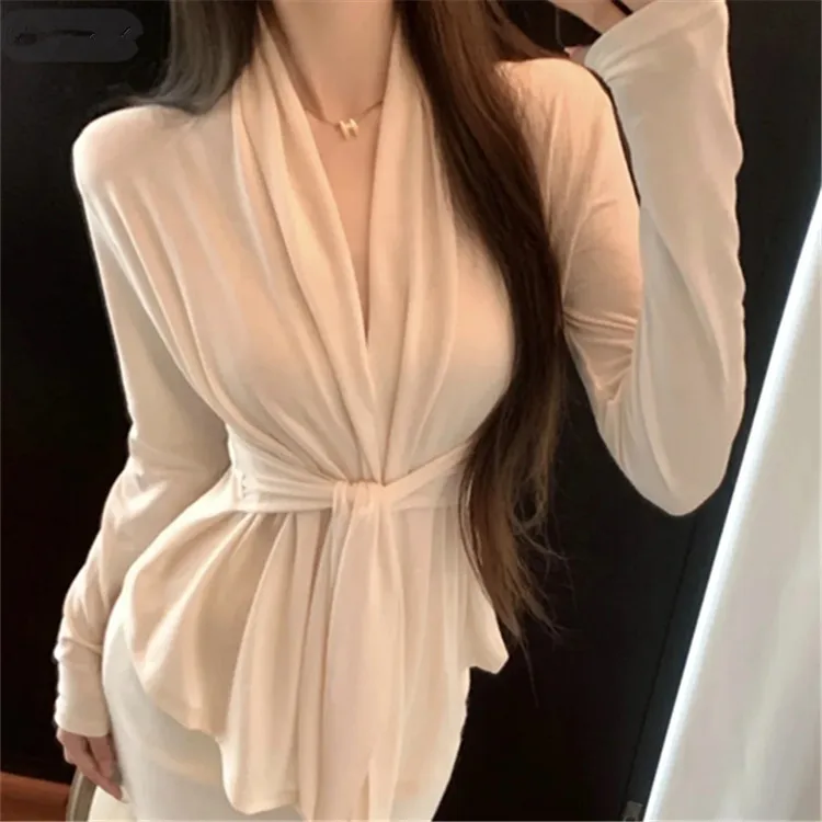 Elegant layered collar deep V-neck cardigan top for women  spring new style waist-cinching tie-waist irregular 15