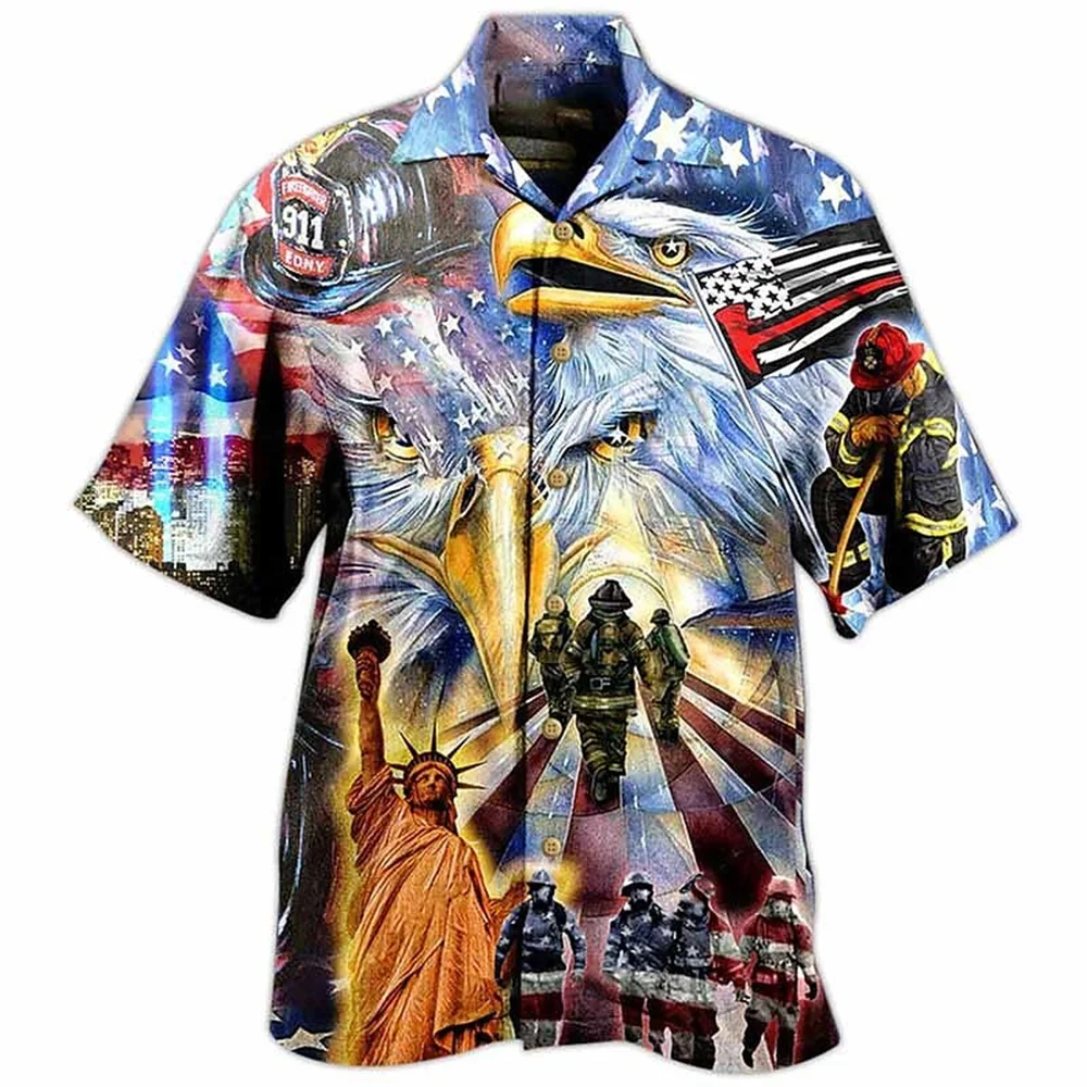 New Hawaiian Shirts For Men 3d Us Flag&Eagle Printed Loose Oversized Sweatshirt Street Designer Short Sleeves Shirts Causul Tops