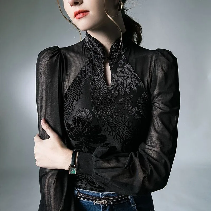 Retro Stand-up Collar Cut-out Mesh Base Shirt New Design Women Spring and Autumn Featuring Stylish Unique Style Slimming T-shirt