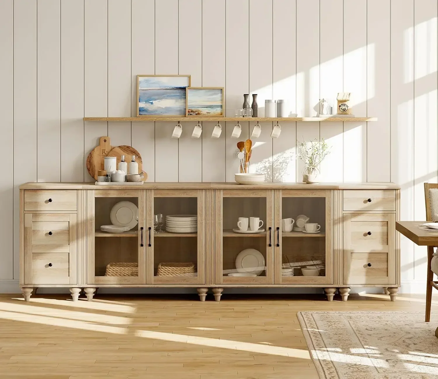 

Sideboard Buffet Cabinets with 4-Glass Door, Kitchen Storage Cabinets with Charging Station, Wood Coffee Bar Tables , Oak