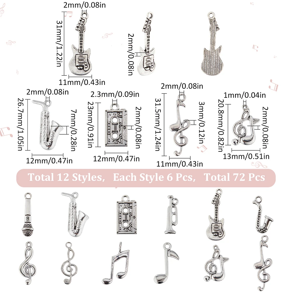 1 Box 72Pcs Silver Music Note Charms Musical Instrument Charm Vintage Mini Microphone Recorder Symbol Charm for Jewellery Making