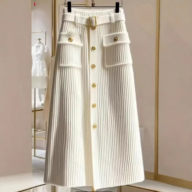 Elegant Office Lady High Waist Wrapped Knitted Skirts Autumn New Fashion Single Breasted Slim Temperam Wool Midi Skirt