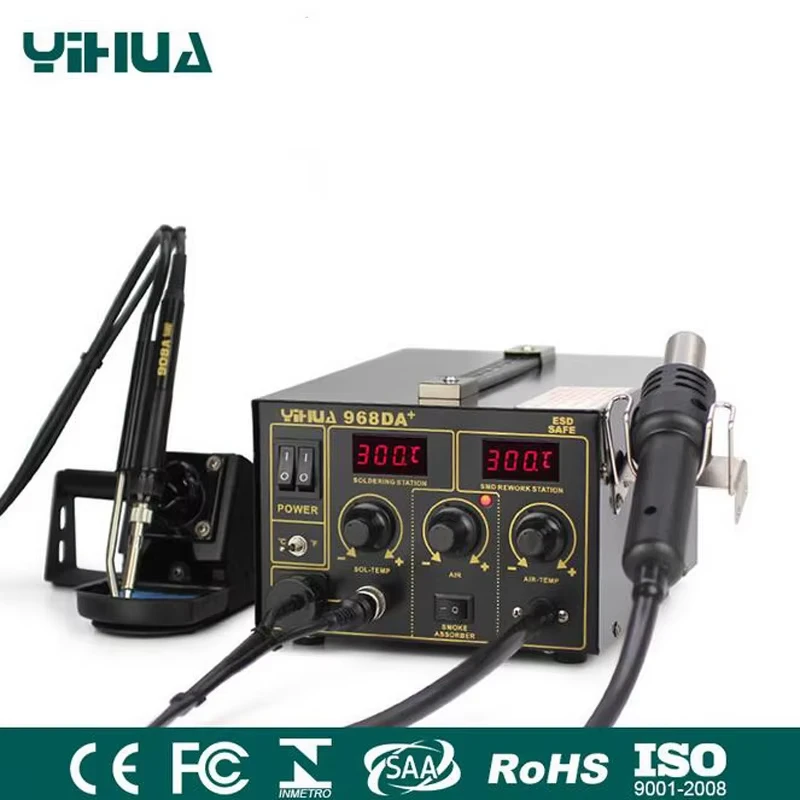 Pistola de aire caliente con control de temperatura 968DA + con soldador y estación de soldadura base Esponja de limpieza resistente a altas temperaturas