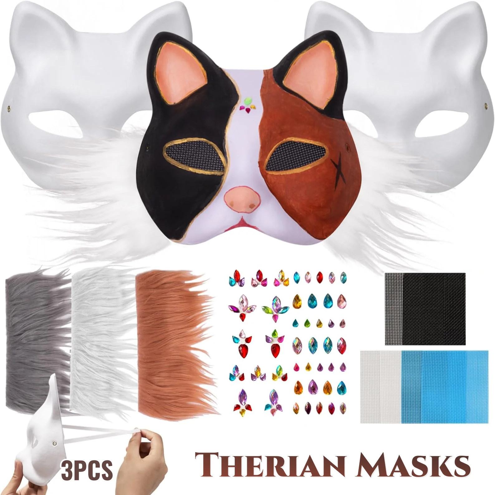 3 Sets Therian Mask Kit Paper Blank Masks Half Face Hand-painted Cat Mask DIY Masks For Masquerade Cosplay Party Gifts