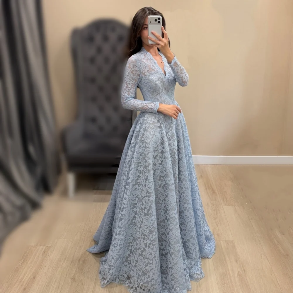 Maßgeschneiderte Spitzenkleider mit langen Ärmeln, elegante Damenkleider, formelle Abendkleider mit V-Ausschnitt, A-Linie, lange Kleider, ärmellose Hochzeits- und Partykleider