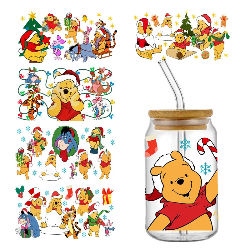 

Disney Christmas Winnie the Pooh For Libbey 16oz Can Glass 3D Waterproof UV DTF Coffee Can Wrap Libbey Glass Wrap