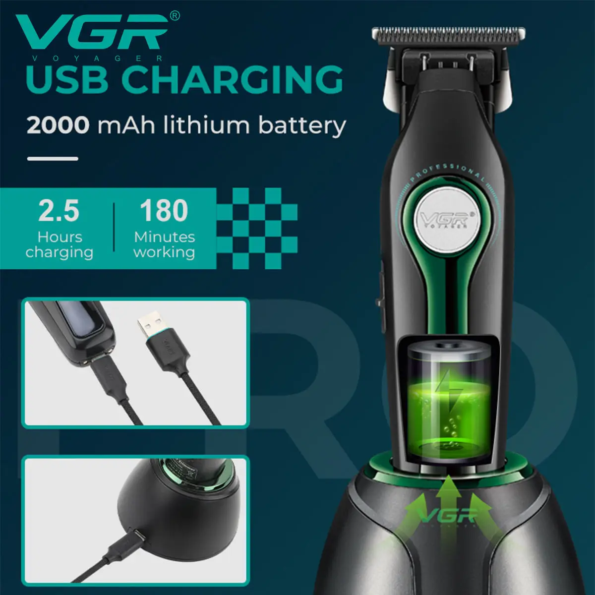 Nova máquina de corte de cabelo multifuncional VGR com forte potência, base, USB de alta velocidade, escultura elétrica e tesoura de empurrar V-993