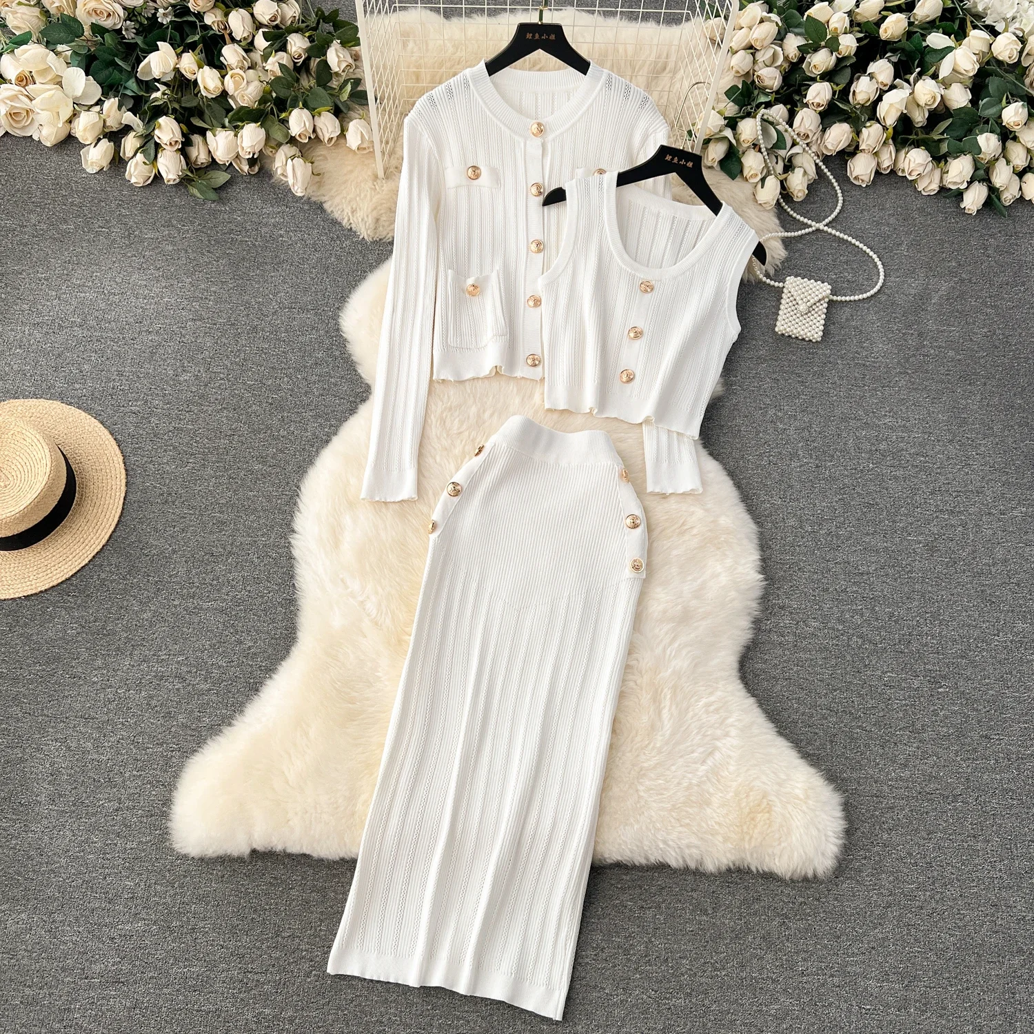 Chic Women Three-Piece Sets Button Long Sleeve Pockets Open Stitch Slim Short Vest Double Breasted Skirt Korean Casual Clothing