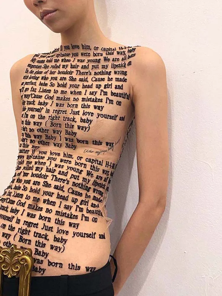 Moda Modny Okrągły Kołnierzyk Bez Rękawów Siateczka Seksowny Artykuł Nadruk Slim Casual Top Kobiety Hipster Wear — zdjęcie 6