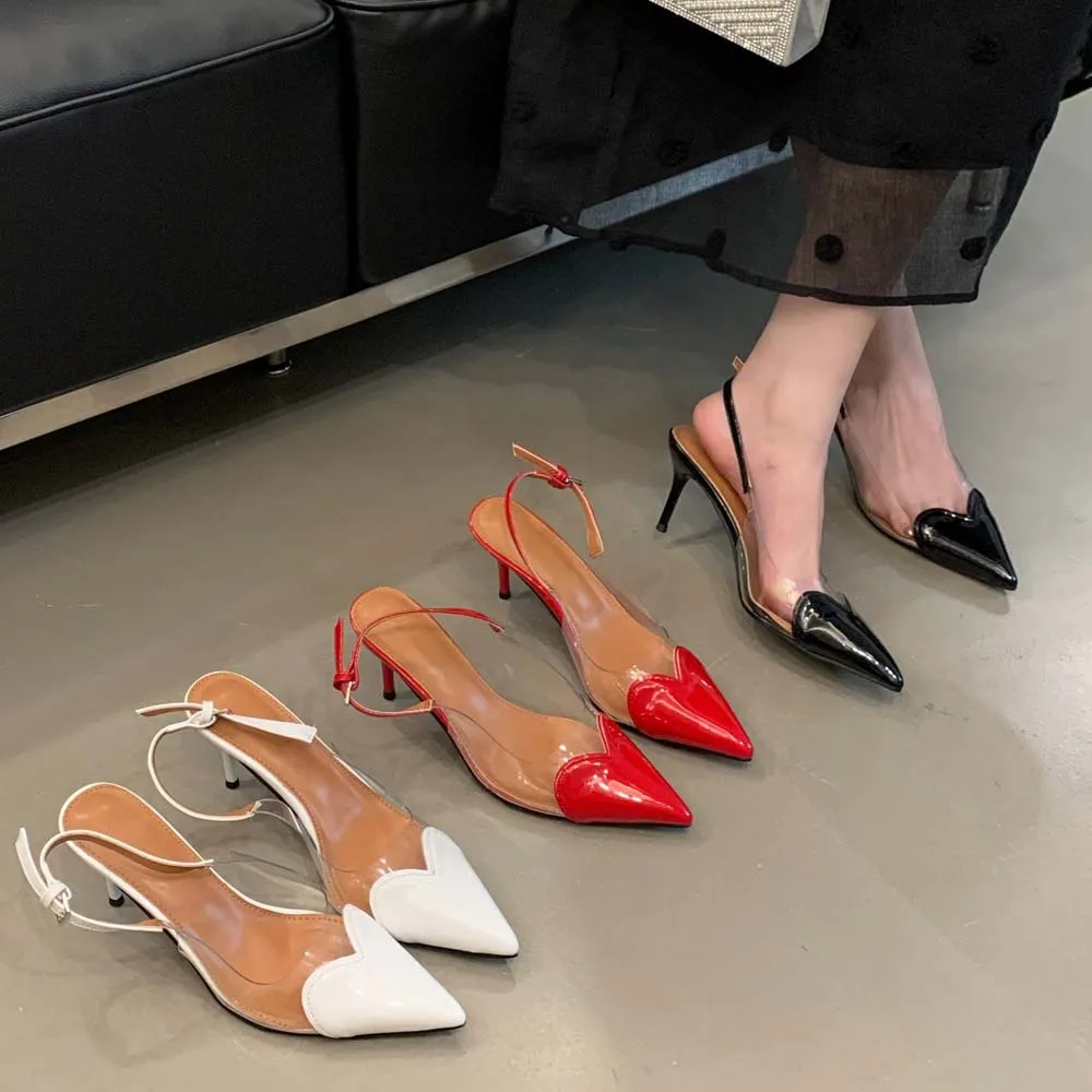 

Women's Heart Sandals Kitten Heels Slingback Pointed Closed Toe Mules Clear Strap Stiletto Mule Slip On Summer Party Prom Shoes