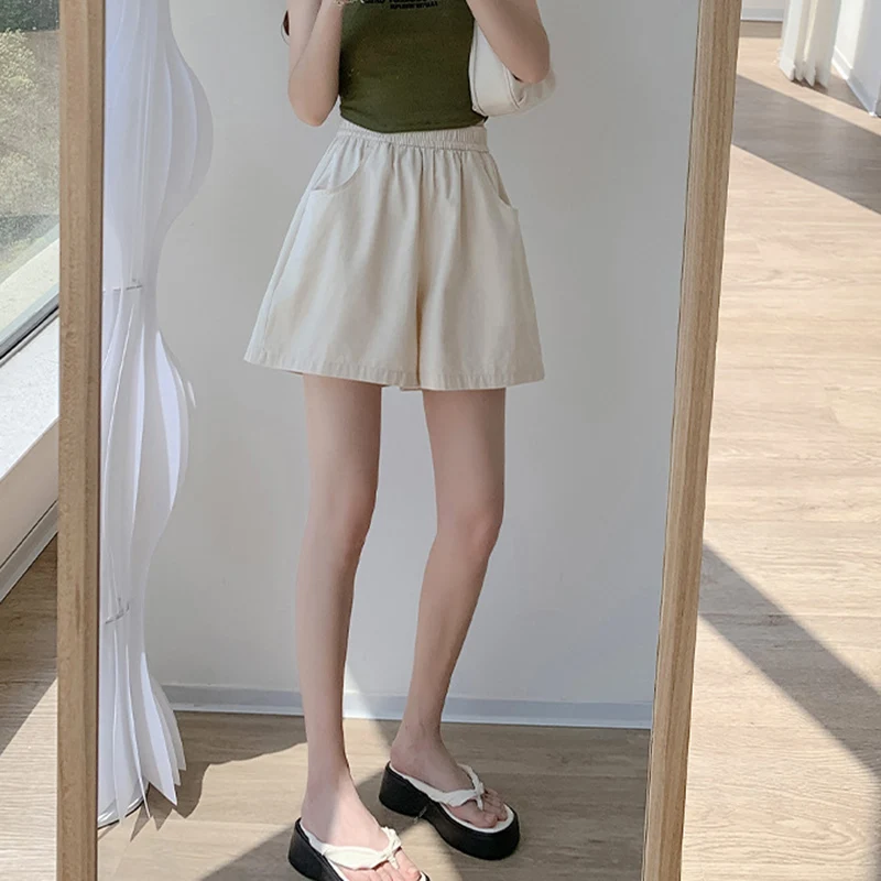 女性のカジュアルワイドレッグショーツ夏無地弾性ハイウエストショーツ女性韓国ストリートポケットショートパンツ女性
