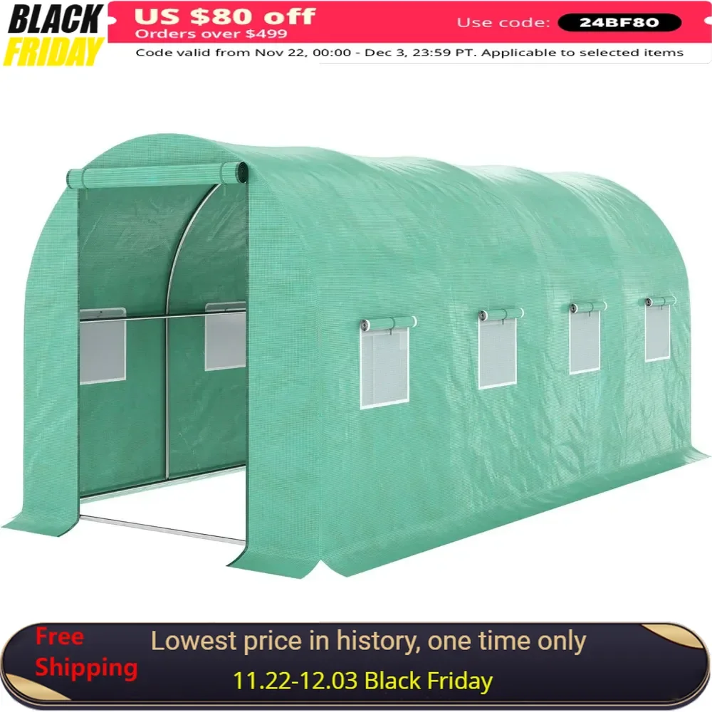 Green House for Outside with PE Cover, Steel Frame, Roll-Up Zipper Door & Windows for Flowers, Vegetables, Tropical Plants,Green