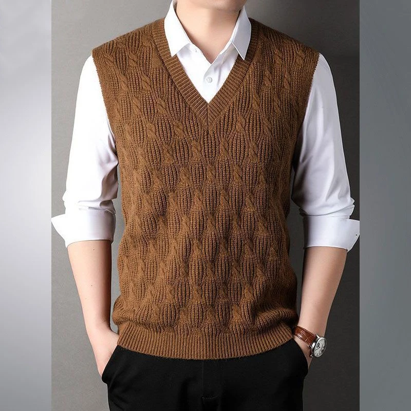 Spring Autumn Men Clothing Sleeveless Sweater Vest V-Neck Solid Screw Thread Vintage Korean Fashion Casual Loose Knitted Tops