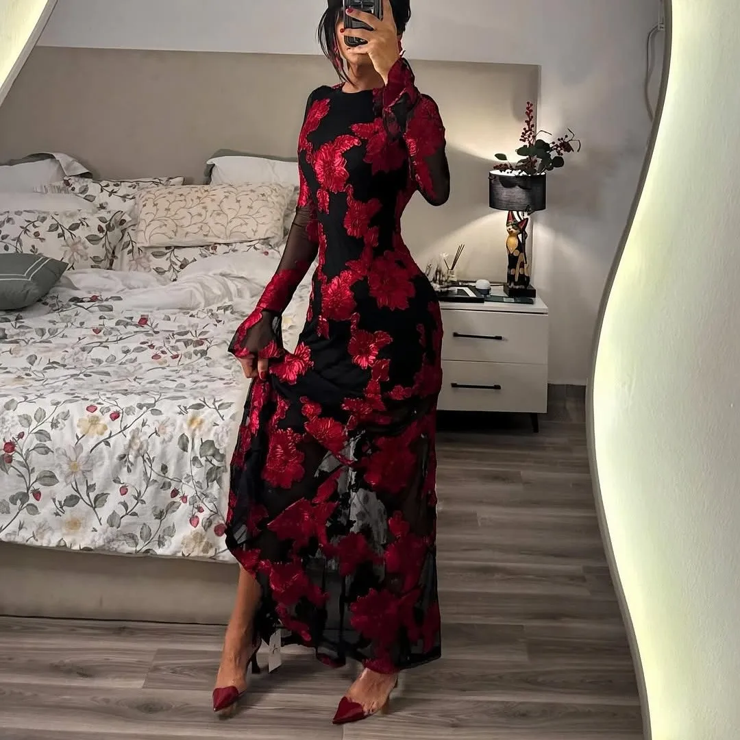 DSMTRC Frauen Lange Flare Hülse Sexy Party Kleider Luxus Gestickte Blumen Mech Patchwork Sheer Elegante Mantel Meerjungfrau Vestidos