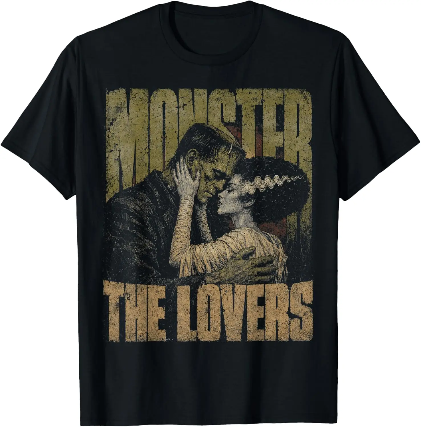 Frankenstein And Bride Shirt Vintage Horror Couple Halloween T-Shirt Vintage Style Graphic T‑Shirt, Retro Tee, 100% Cotton Soft Lightweight Crew Neck Unisex Casual Short Sleeve Tops For Men Women Daily Wear