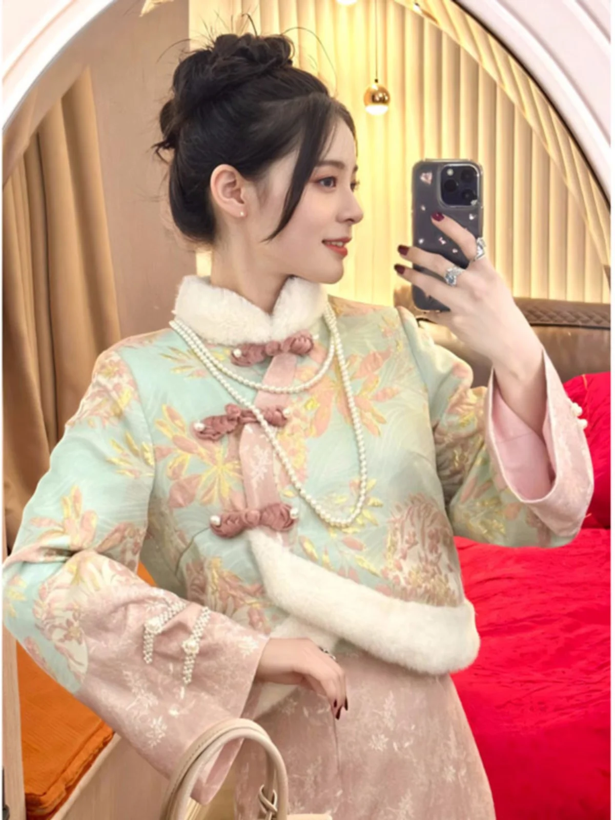 

New Chinese Style Set Youthful Fashionable High-End Feel Fleece Cotton Jacket Half Skirt One Set Spring Clothing