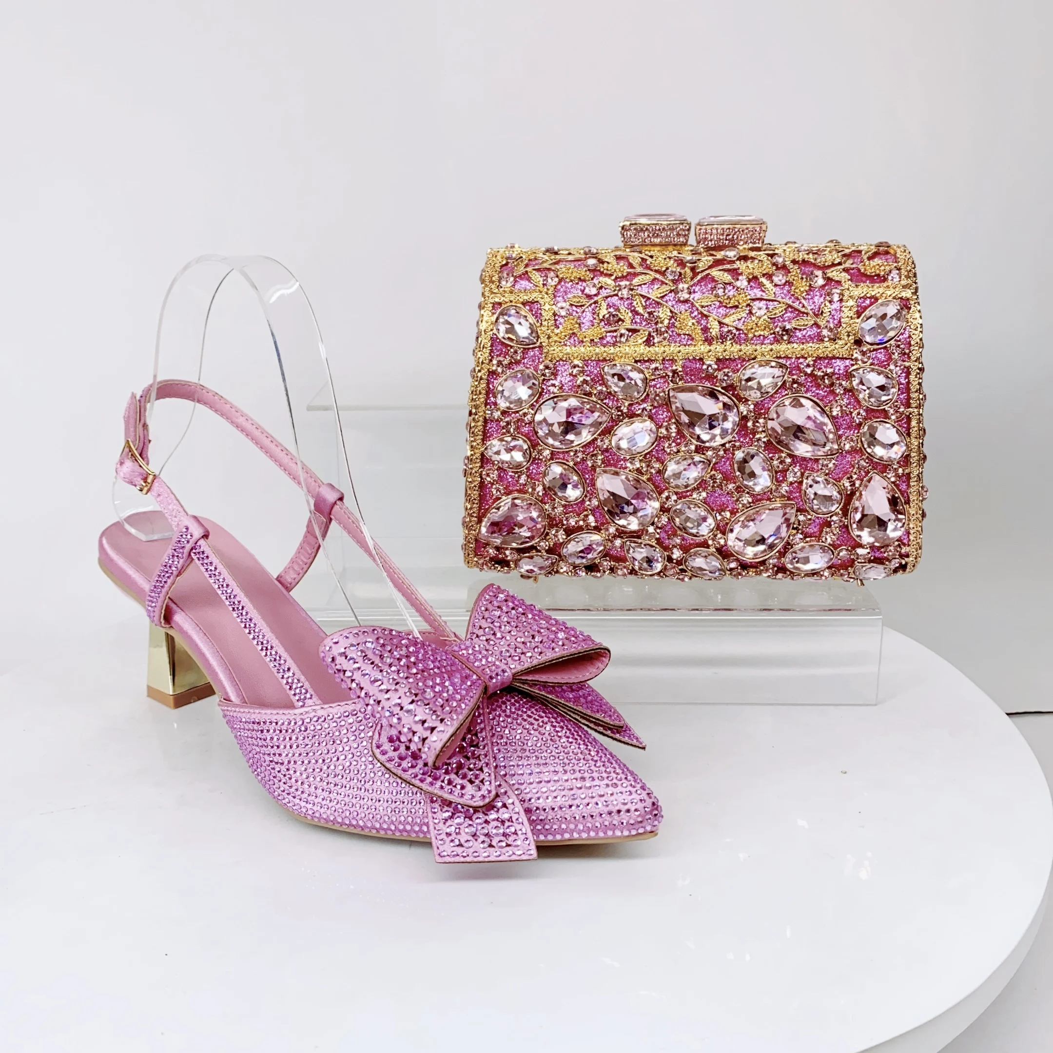

LNATISNOVA Женские вечерние свадебные туфли и кошельки на высоком каблуке Розовые сандалии и сумка Полный комплект сумок и обуви со стразами