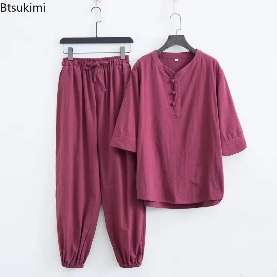 New Men's Cotton Linen Sets Chinese Style Solid Short Sleeve Pants Two Pieces Traditional Clothes Kung Fu Uniform Tang Suit Male - Image 6