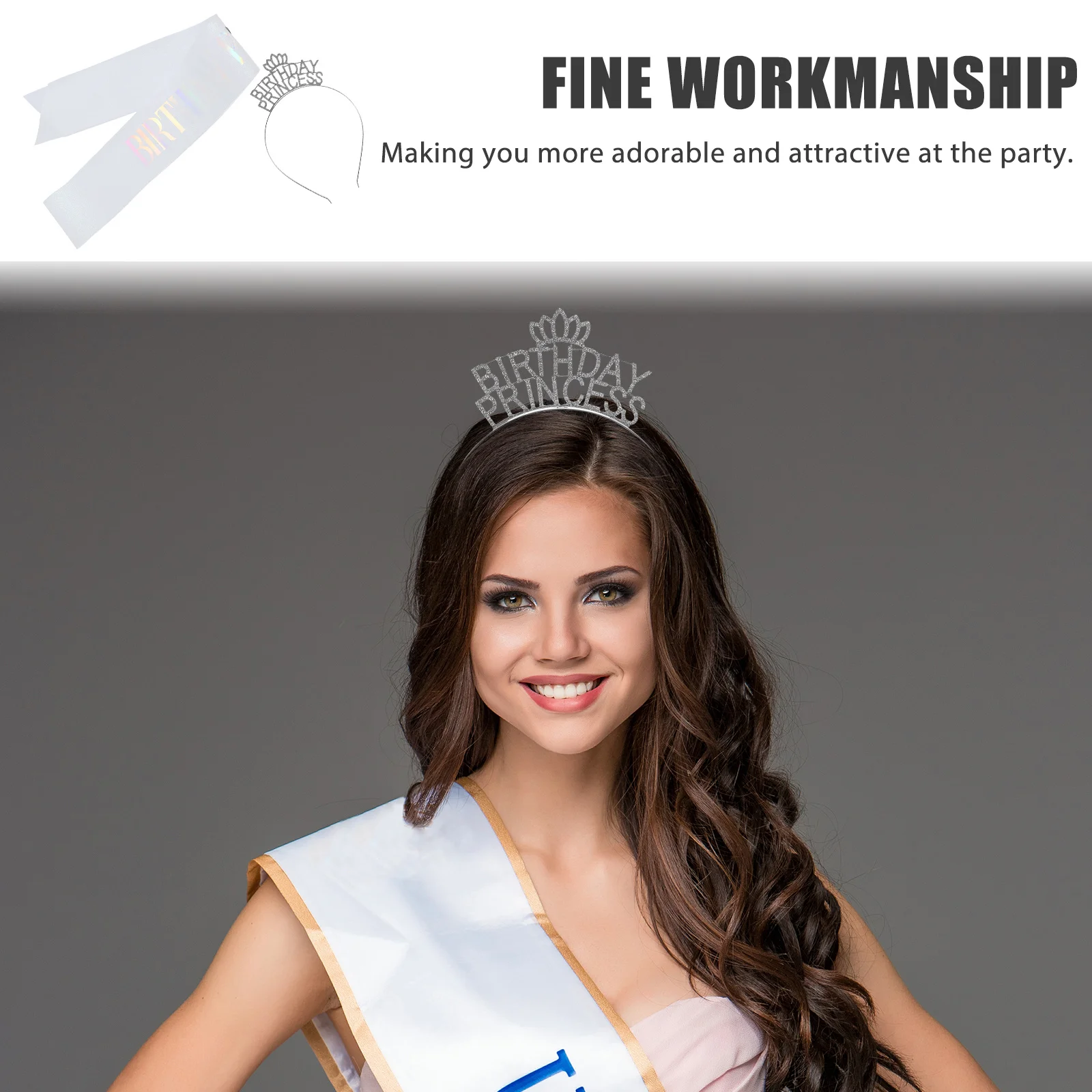 

1 set Princess Crown Headband Birthday Sash Set Rhinestone Crown Headpiece For Women Girls Party Accessories Hair Styling Tools