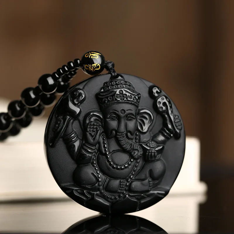 Natural Black Obsidian Hand Carved Ganesha Elephant Pendant Lucky Beads Necklace