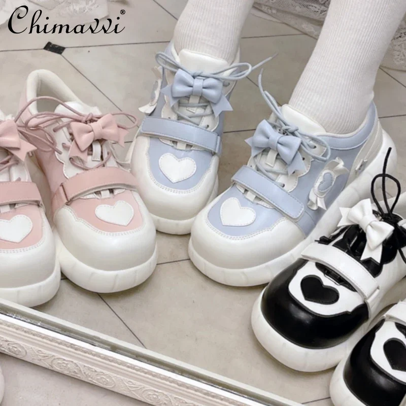 

Lolita Sweet Color Matching Lo Running Shoes Round Toe Bowknot Student Sports Shoes Leisure Girl's Leather Shoes Sneaker