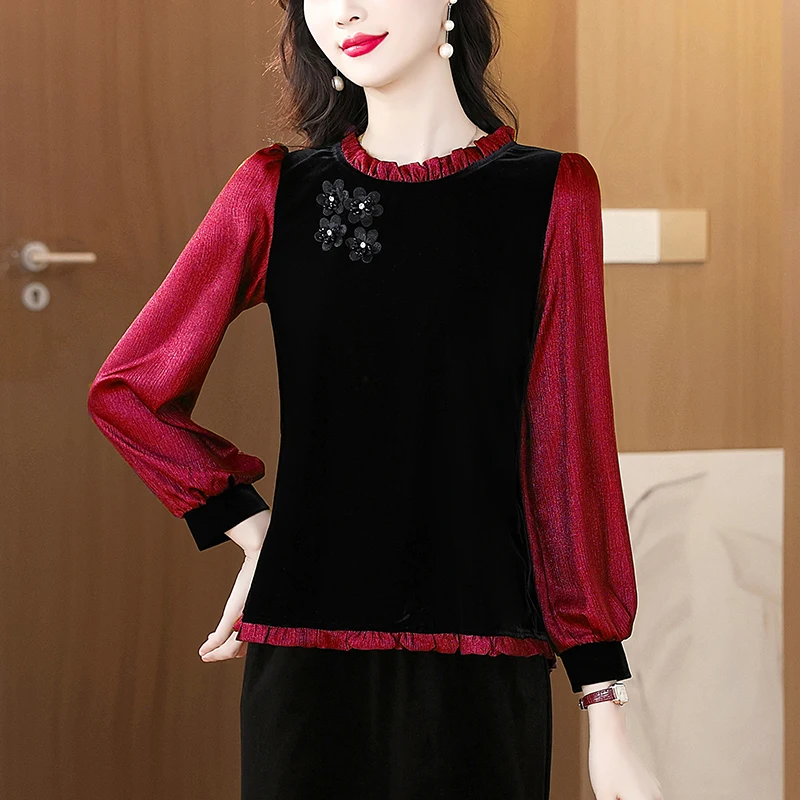 

Модная женская вельветовая футболка с длинным рукавом, свободный крой, омолаживающий эффект, комбинированный дизайн, весна-осень, стильная новинка, вельветовая рубашка