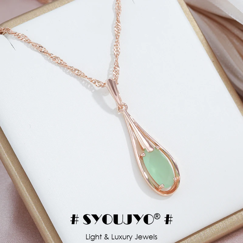 SYOUJYO Green Emerald Natural Zircon Drop Pendant Necklace For Women 585 Rose Gold Color Vintage Fine Jewelry Luxury Necklace