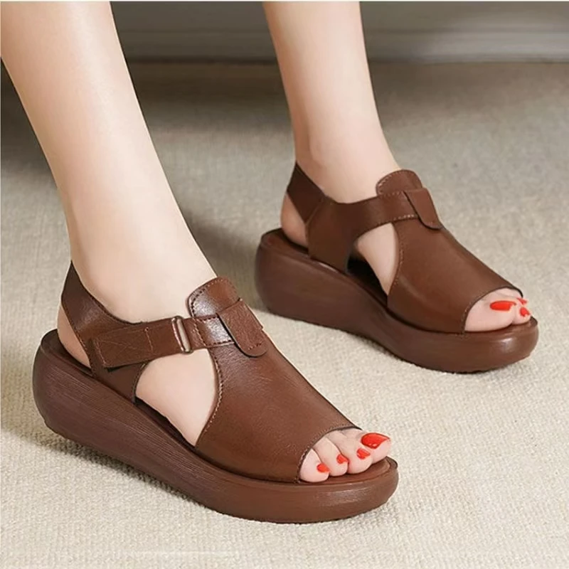 

Women Summer New Wedges Peep Toe Sandals Thick sole Non Slip Hollow Out Lightweight Velcro Outdoor Beach Sandals Elderly Sandals