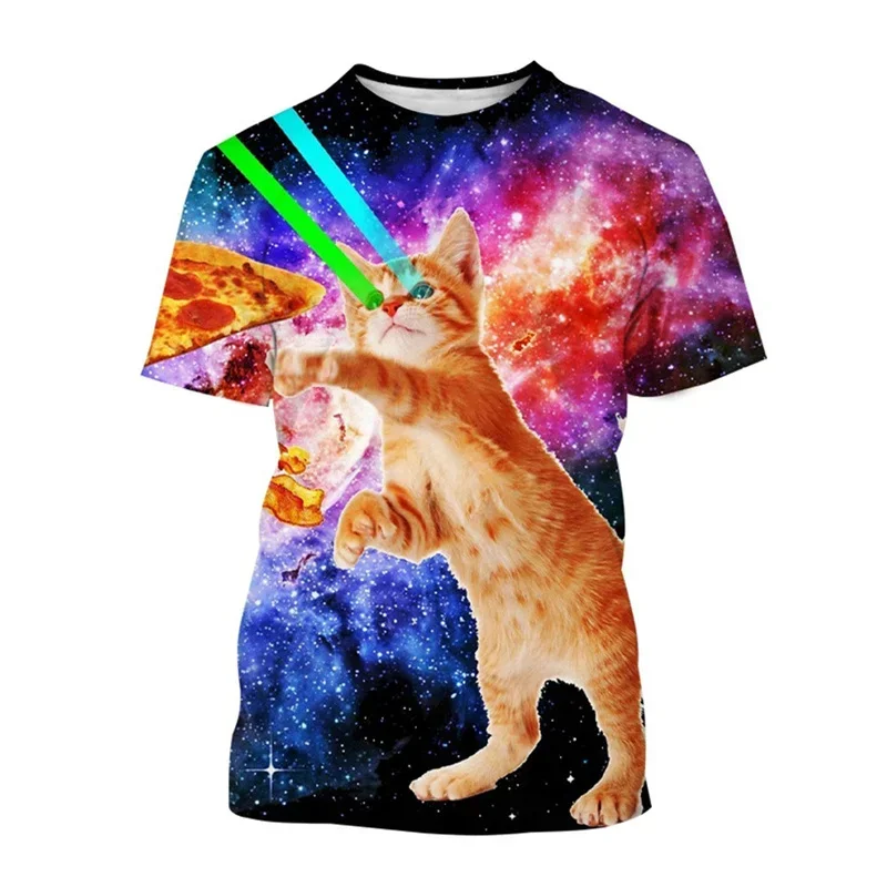Men Polyester 3D Print T Shirt Galaxy Orange Kitten Laser Beam Pizza Space Pattern O Neck Short Sleeve Casual Summer Tees