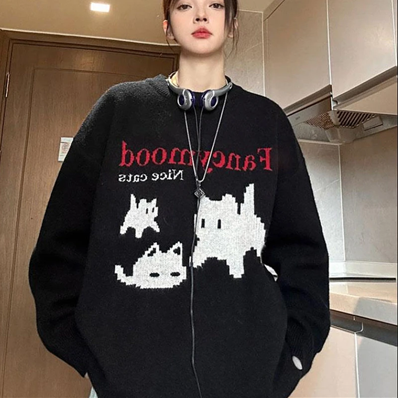 Cute Black Cat Punk Goth Embroidery Sweater for Men O-neck Loose 2XL Winter Jersey Jumper Harajuku Couples Anime Kawaii Pullover