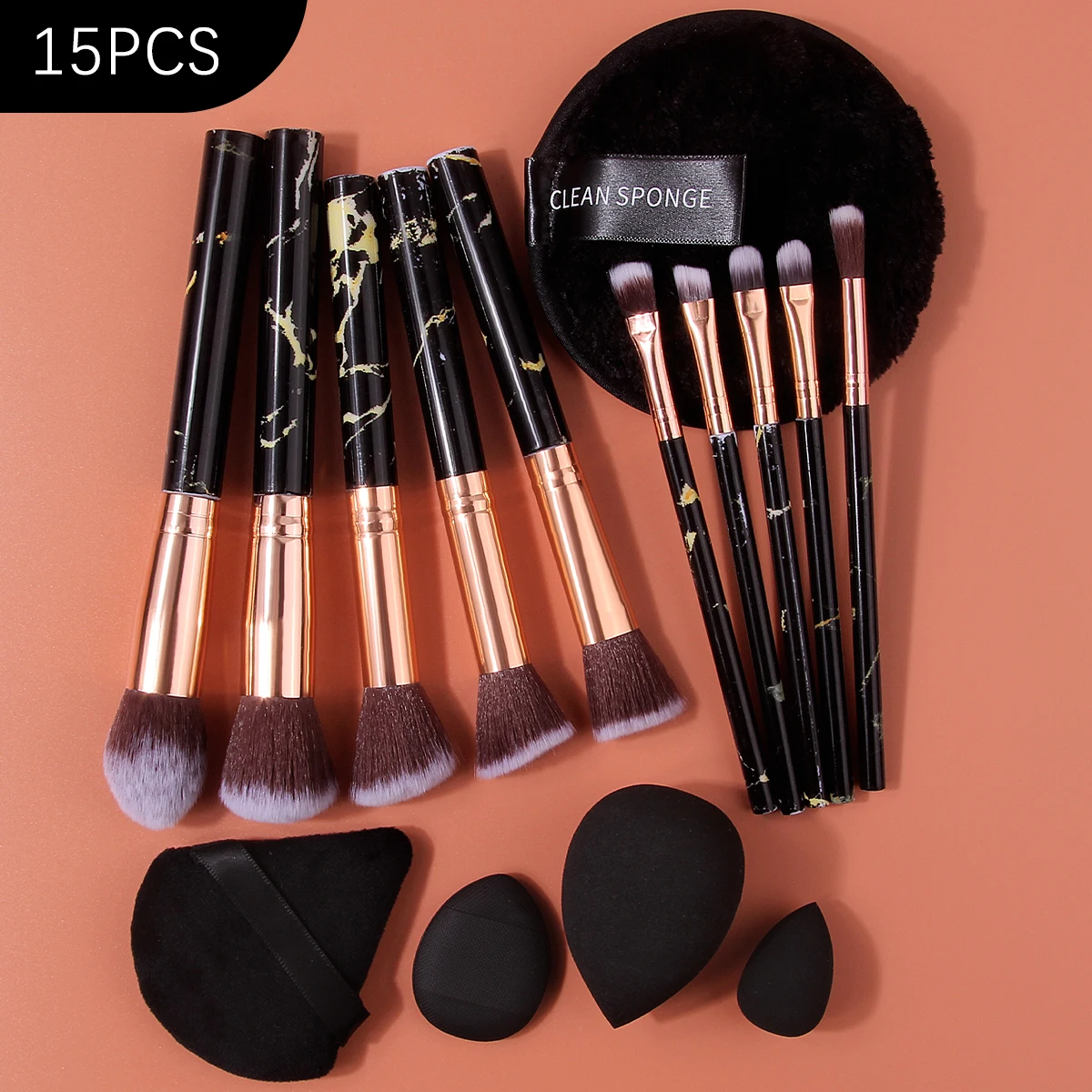 15PCS Black marbling multi-functional makeup brush set & High resilience sponge egg powder puff & cleansing powder puff