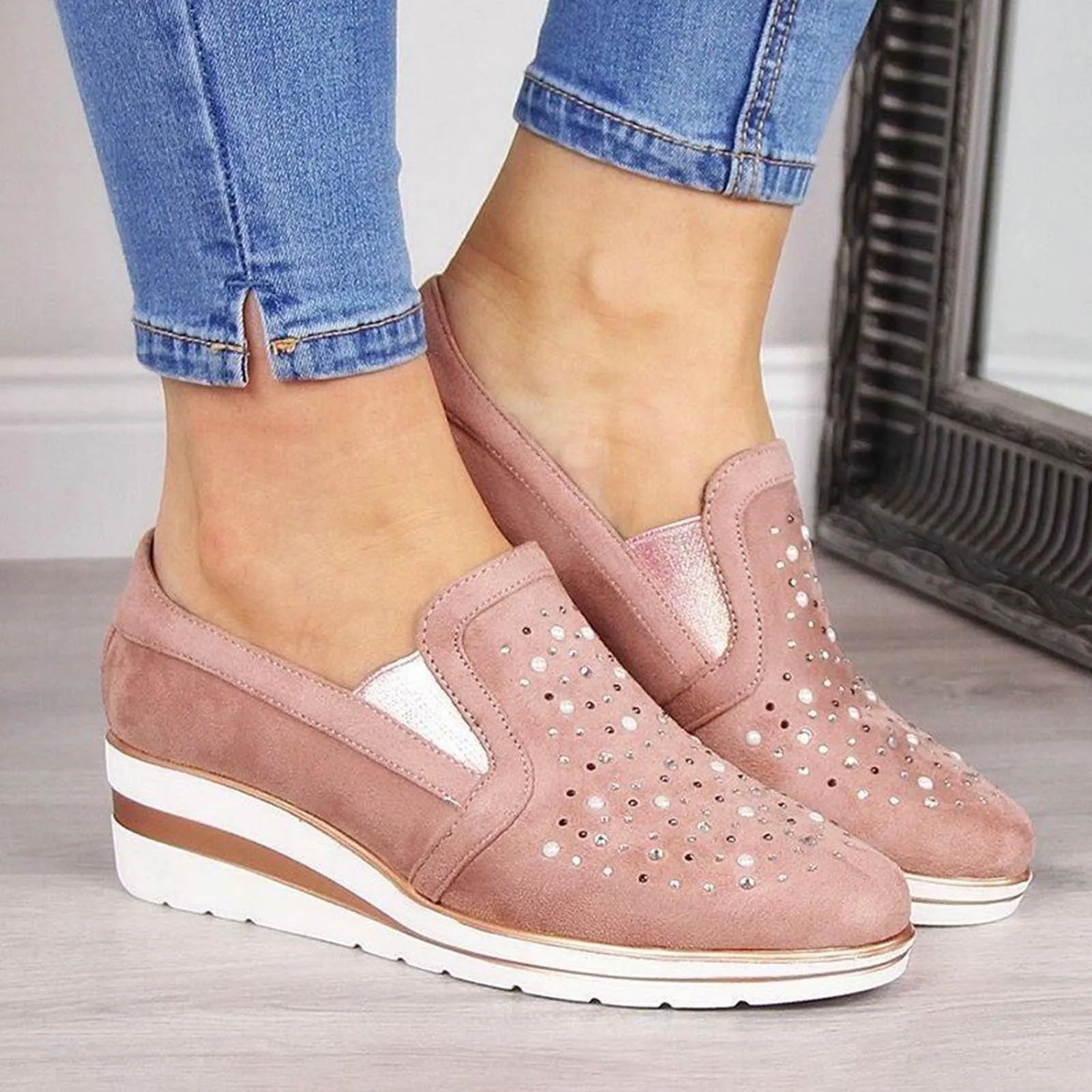 Women's Rhinestones Wedge Platform Shoes Slip On Shallow Mouth Comfort Single Shoes Casual Loarfers Elegant Ladies Footwear