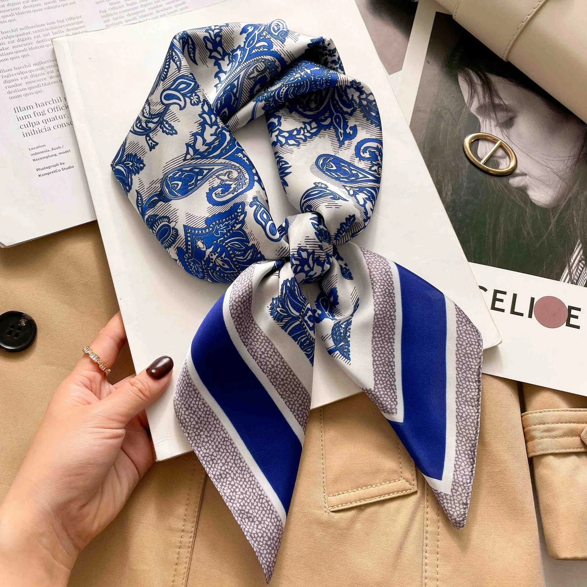 Fashion 70cm Green Print Square Silk Scarf Women Satin Neck Scarves Wrap Headkerchief Beach Hair Band Women's Bandana image 6