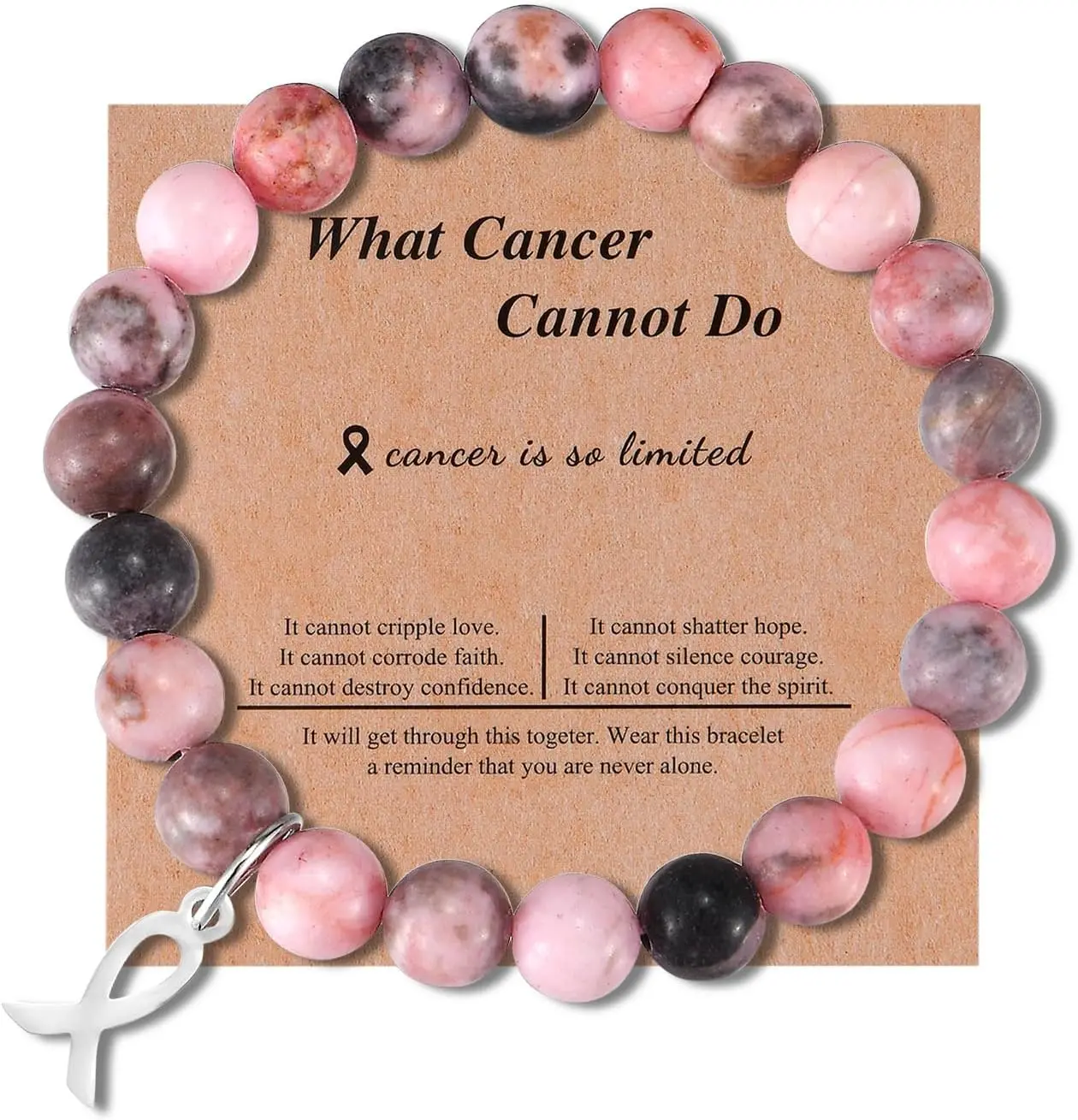 سوار للتوعية بسرطان الثدي للنساء - خرز من الحجر الطبيعي وشريط وردي ساحر هدايا ملهمة للناجين والمؤيدين