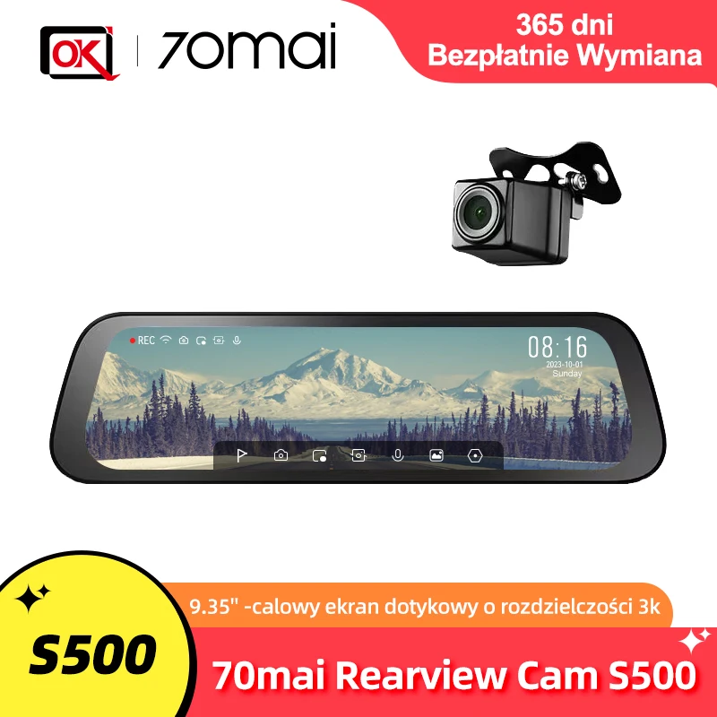 70mai Rearview Dash Cam Update version S500 9.35'' Touch Screen  Car DVR 3K Super Capacitor Dual-Channel HDR Voice Control 24H P