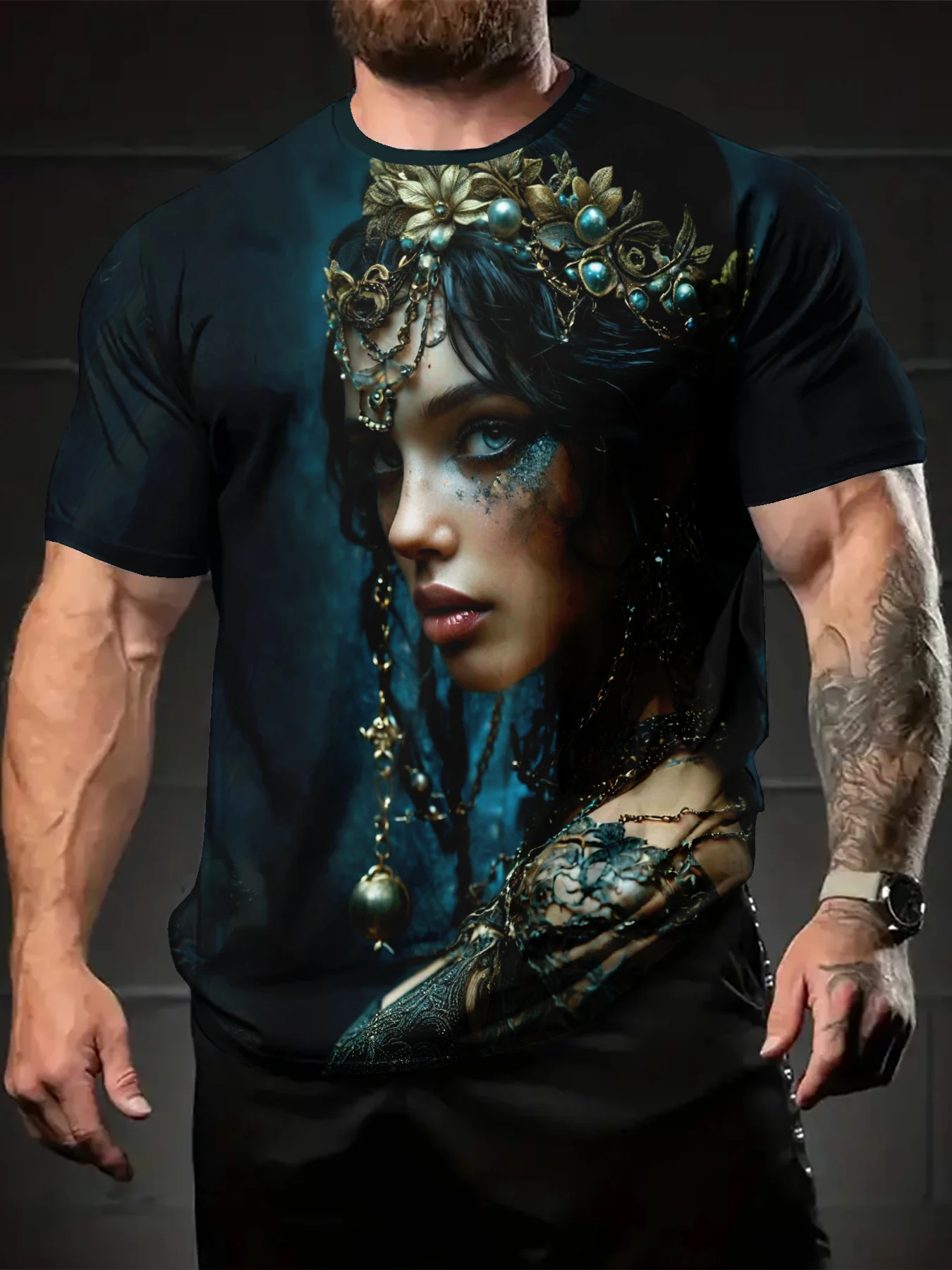 Men Crew Neck Tee With Vintage Dark Style Lady Art Decor Print