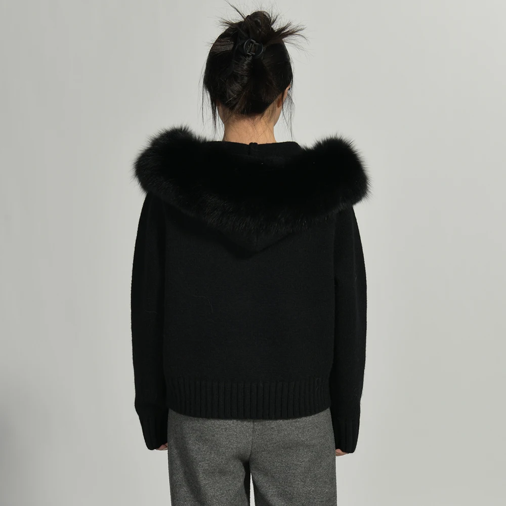Jxwatcher Maglione da donna con collo in vera pelliccia di volpe Autunno Inverno Casual Top in maglia con cappuccio Cardigan corto in pelliccia naturale 2024 Nuovo