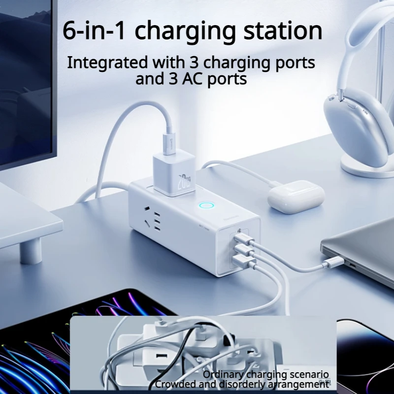 Baseus GaN 20W/30W Charger Gallium Nitride Fast Charging 6in1 Usb Typec PD 1.5m Extension Socket Quick Charge for iPhone Huawei