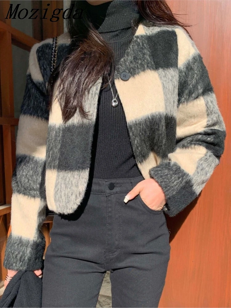 

Spring Autumn Women Retro Plaid Woolen Jacket Long Sleeve One Button Checkered Female Retro Coats Mujer