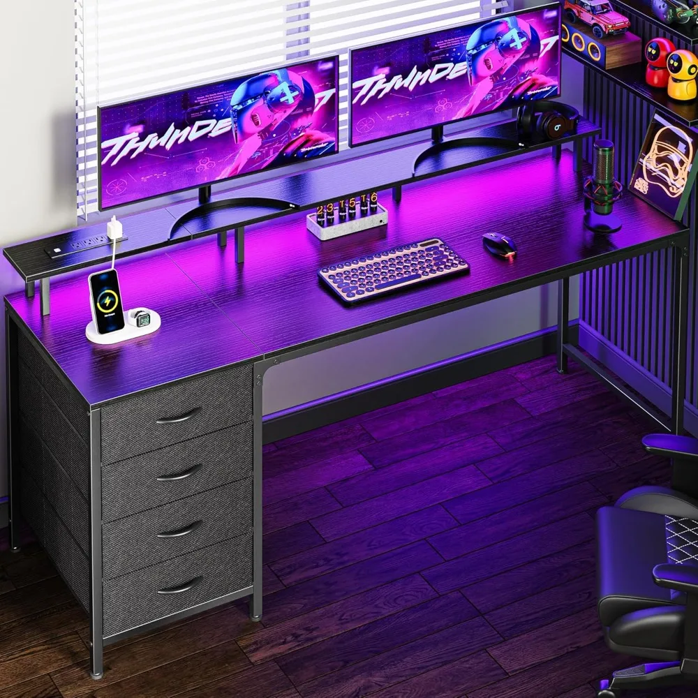 

63 Inch Computer Desk with Power Outlets and LED Lights, Gaming Desk with 4 Drawers, Office Desk with Monitor Stand, Study