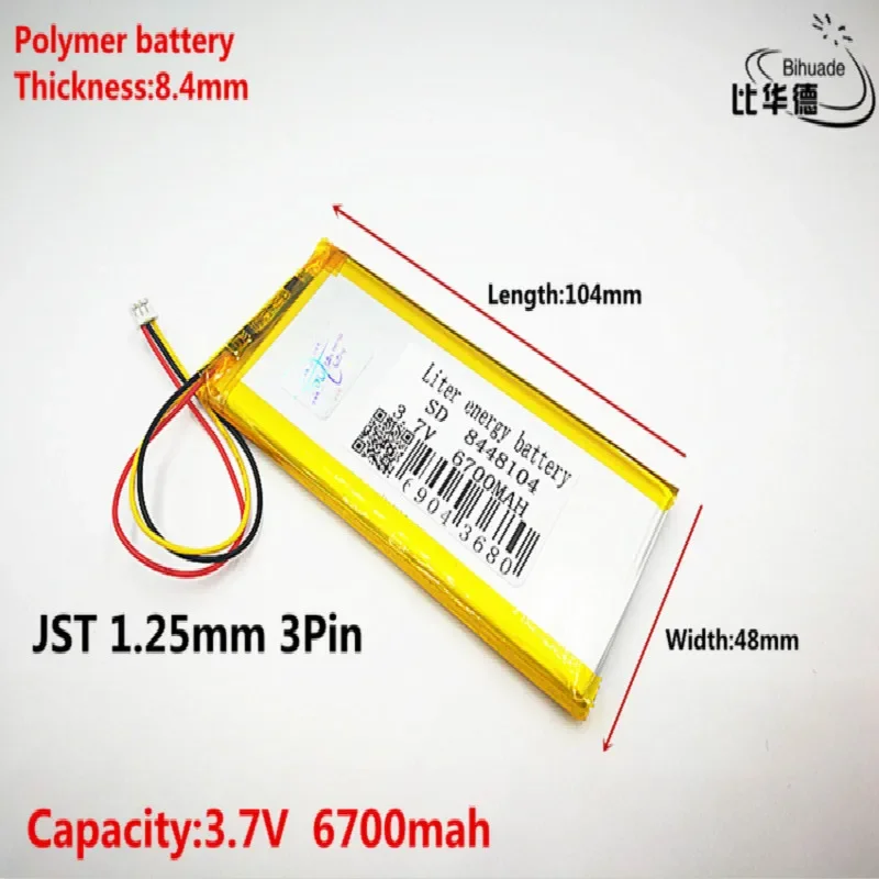 JST 1.25mm 3pin kualitas bagus 3.7V,6700mAH,8448104 baterai lithium ion polimer/Li-ion untuk mainan, POWER BANK,GPS,mp3,mp4