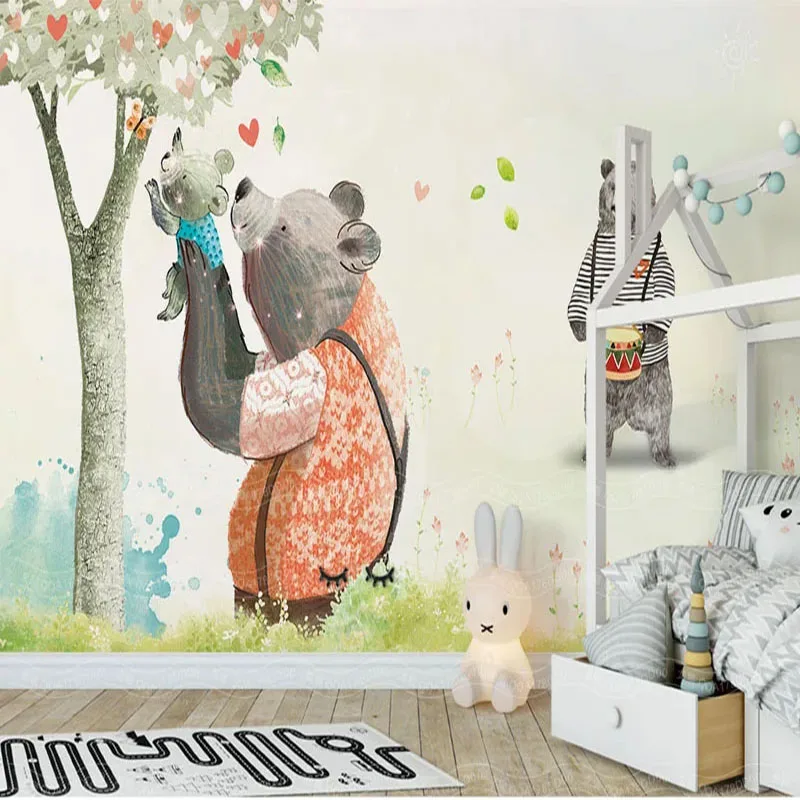 Aangepaste producten geschilderd muurschildering schattige beren boom behang muurschilderingen voor kind babykamer 3d cartoon muurschildering behang sticker