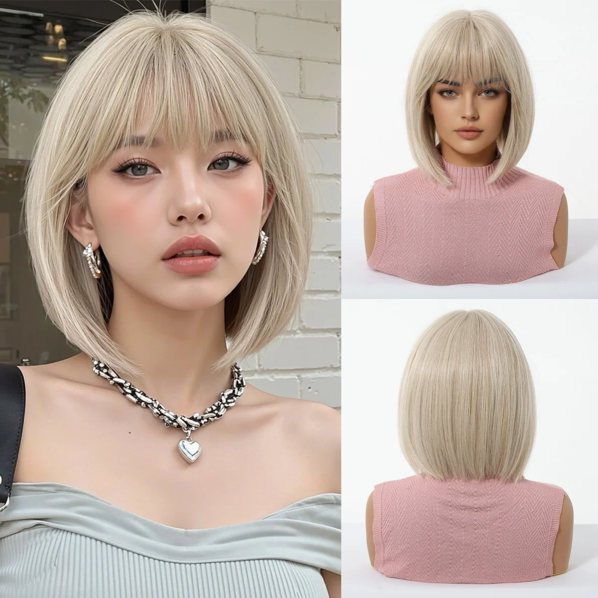 

Короткие прямые синтетические парики Ombre Platinum Hair Wig with Bangs Bob Hair для женщин Косплей Парики из термостойкого волокна для вечеринок