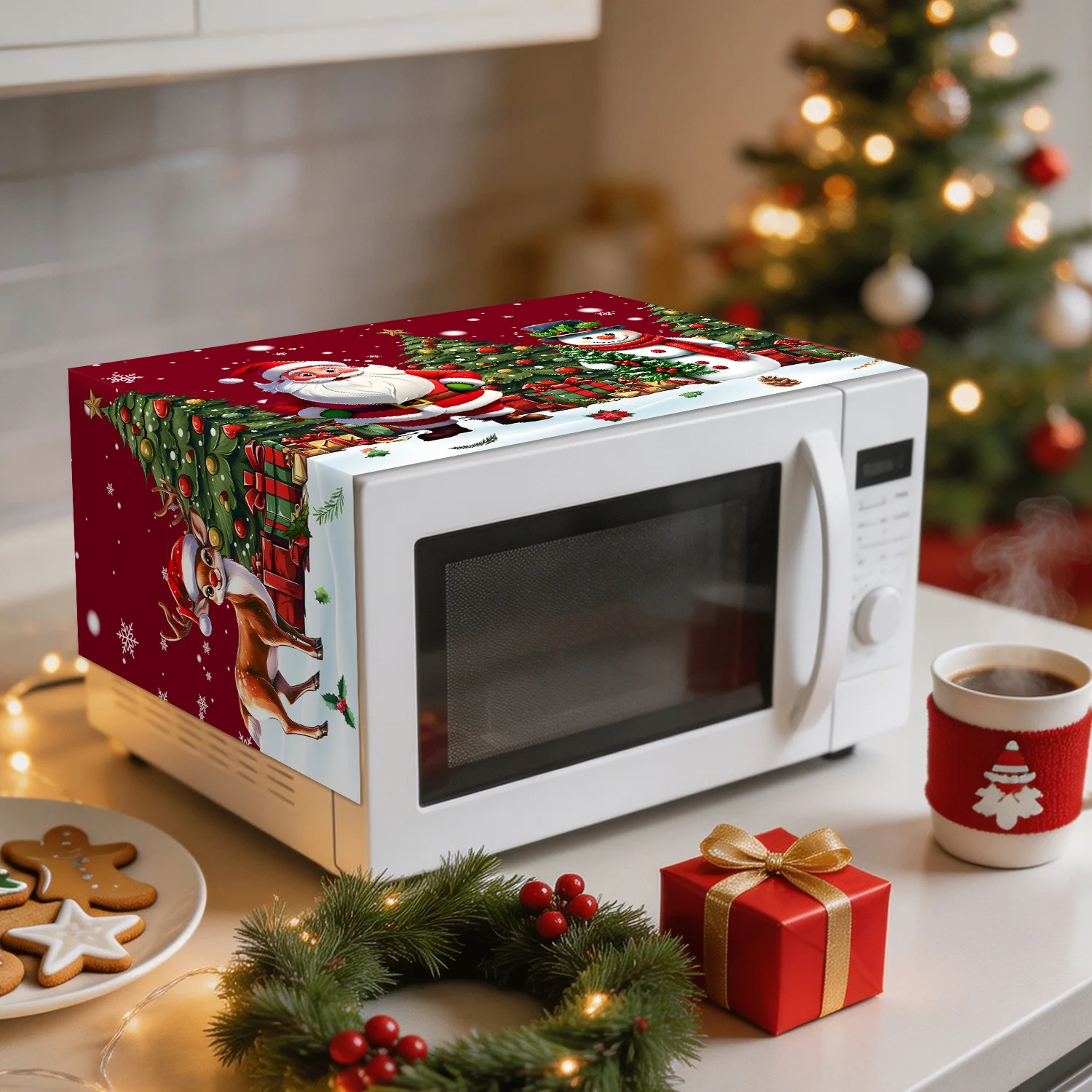 Weihnachts-Mikrowellen-Abdeckung mit Weihnachtsmann-, Schneemann- und Rentier-Motiv, Küchen-Staubschutz, dekorative Feiertagsdekoration für die Küche. – Detail 3