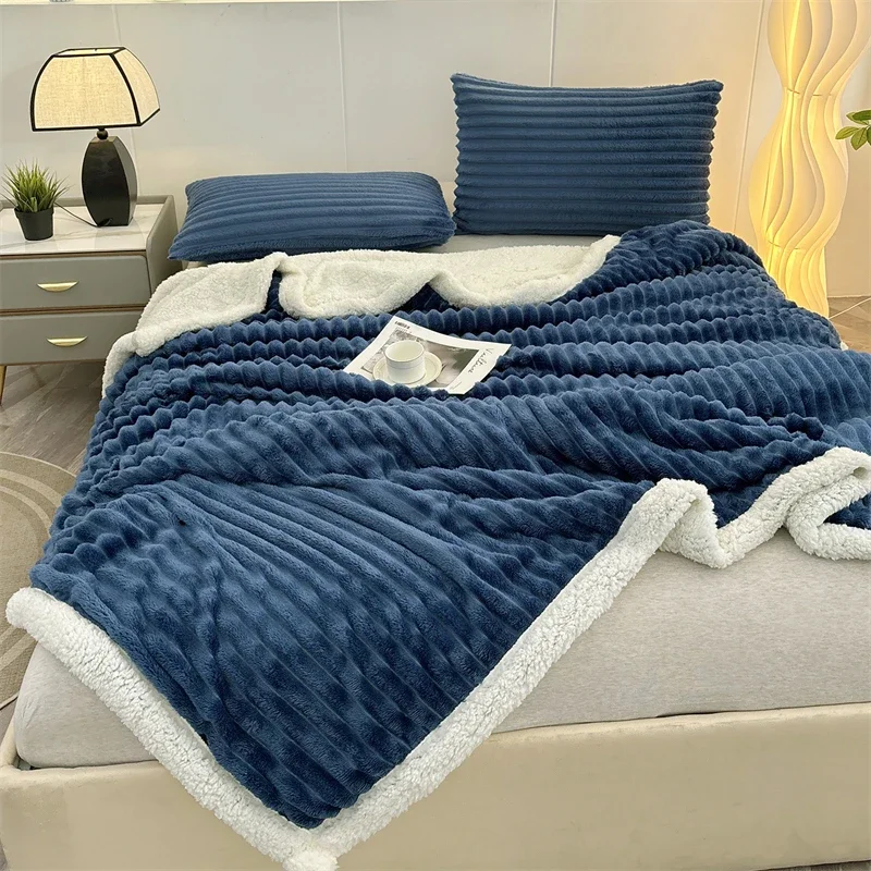 Autumn Winter Thickened Artificial Lambswool Blanket Keep Warm Cozy Wide Stripes Sofa Blankets Soft Skin-friendly Nap Blanket