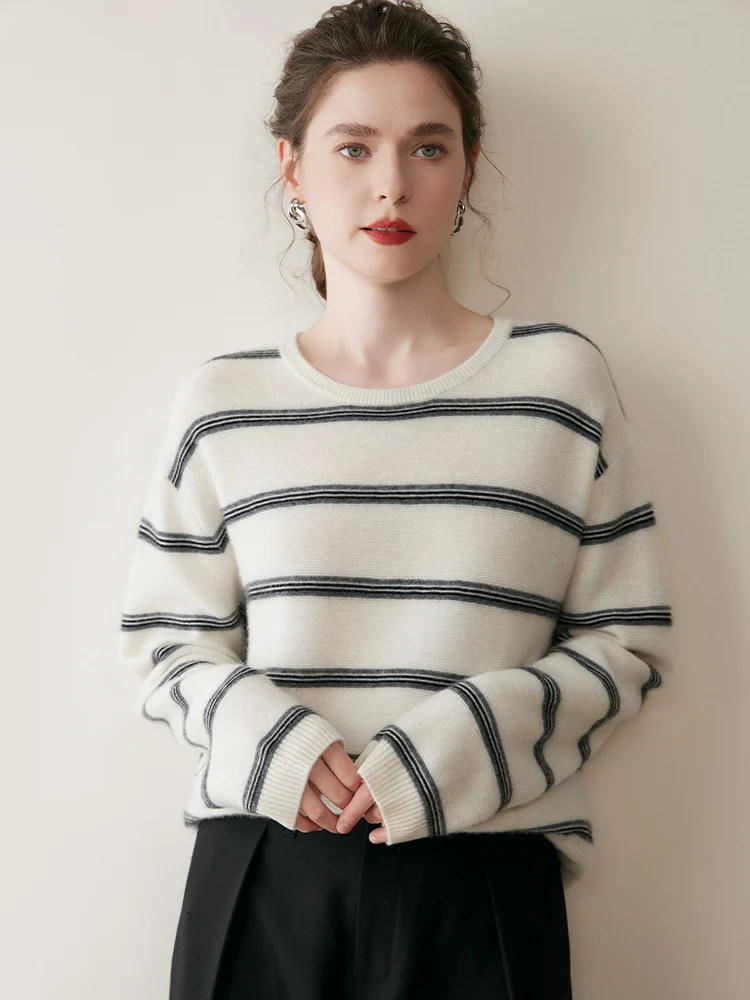 Nowy damski sweter z kaszmiru TLOML z okrągłym dekoltem, 100% kaszmir, sweter w paski z długim rękawem, jesienno-zimowa kaszmirowa dzianina, codzienne topy