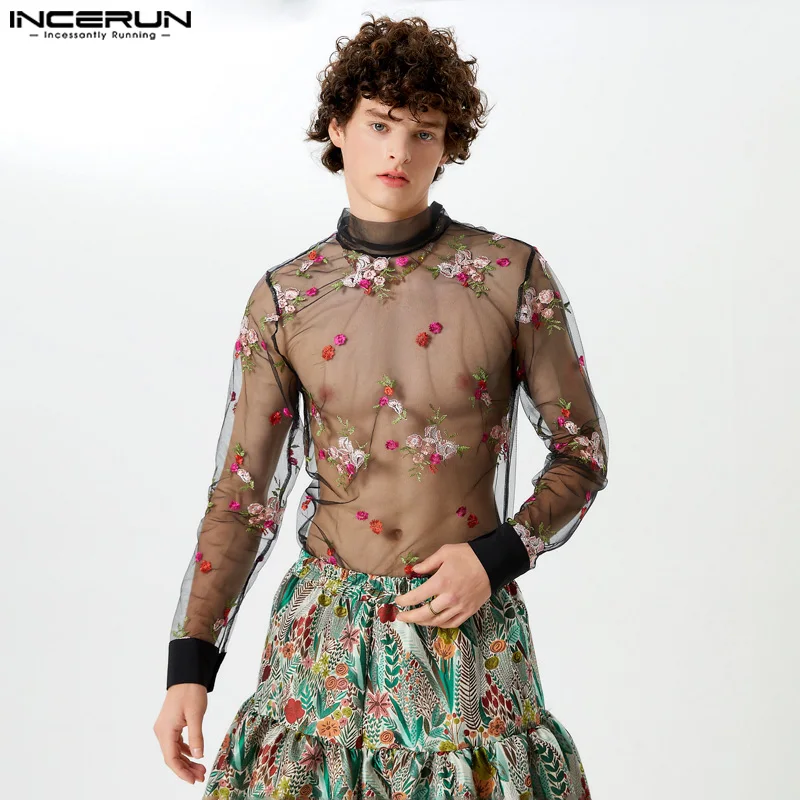 

2024 Men Shirt Mesh Stand Collar Lace Up Long Sleeve Embroidery Camisas Streetwear Transparent Sexy Fashion Men Clothing INCERUN