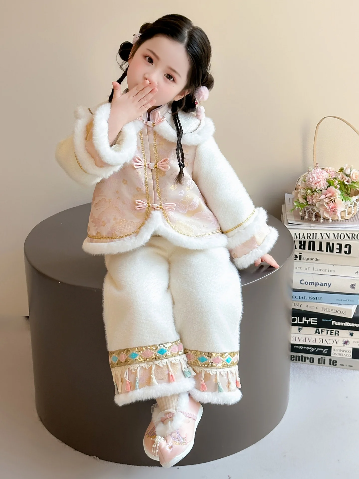 

Теплый хлопковый новогодний комплект одежды для девочек, детская одежда для выступлений, традиционная праздничная зимняя детская одежда Hanfu