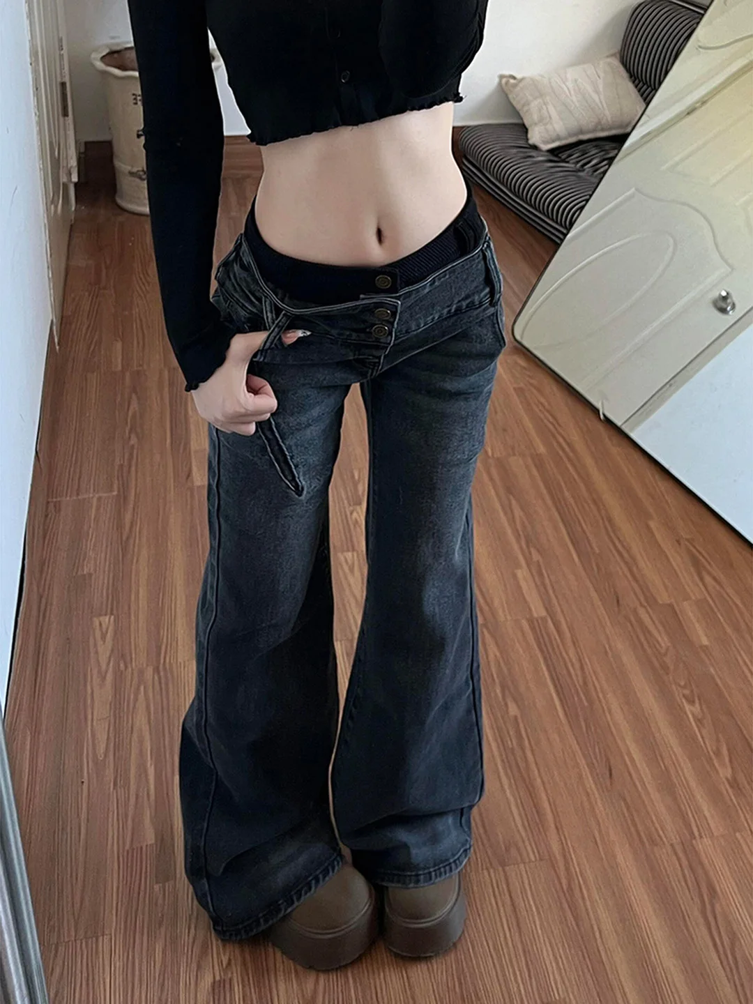 

Американские джинсы-клеш в винтажном стиле с низкой посадкой для женщин, осенне-зимние, свободные, утягивающие, маленькие размеры, широкие штанины